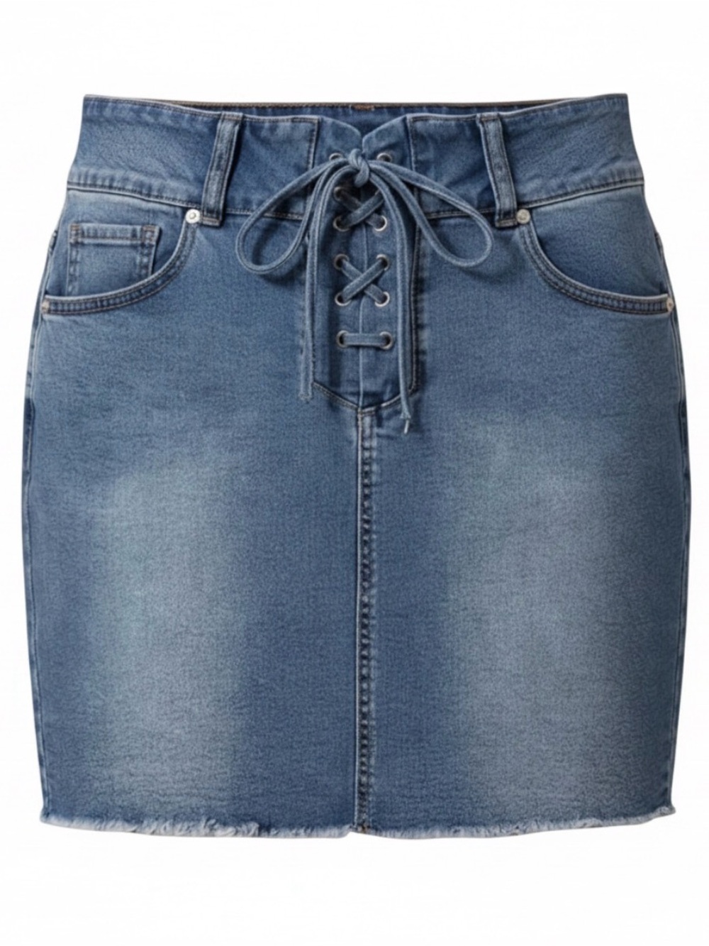 Pull-On High Stretch Denim Skirt with Adjustable Waist in Medium Blue Wash